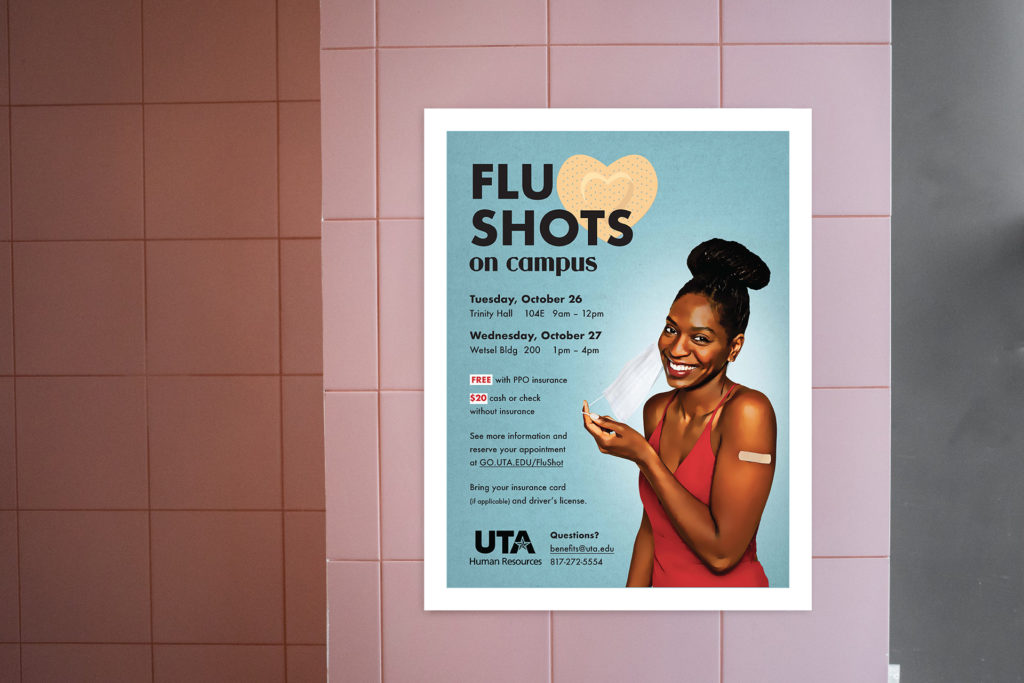 A poster advertising a flu shot clinic shown against a pink tile wall.